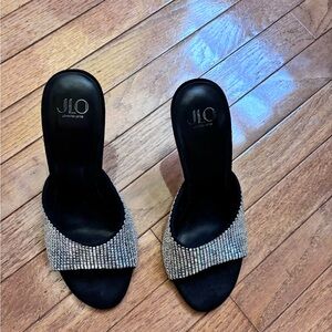Jennifer Lopez Black Slide Mules with Silver Crystal Strap